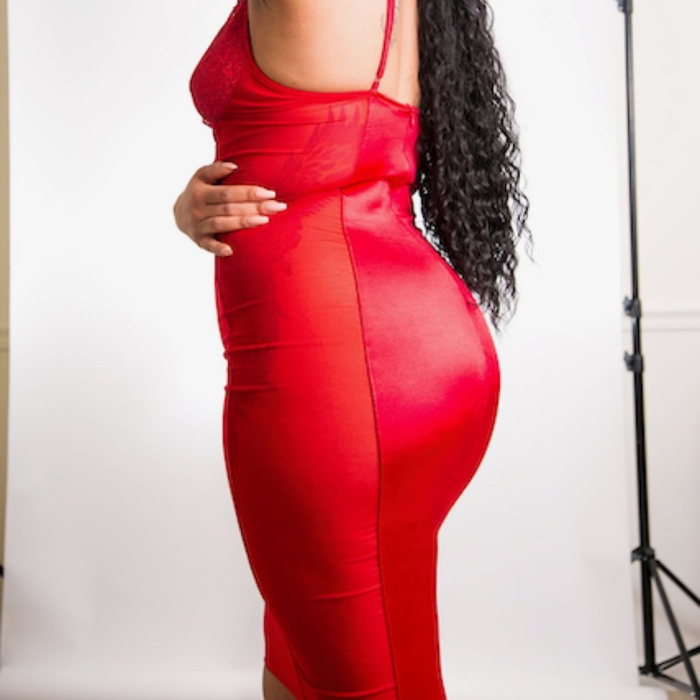 SHEIN Red Satin Large Midi Dress Mesh Side Panels